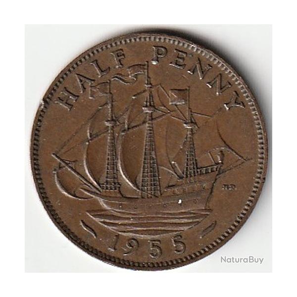 Pi�ce de Monnaie Angleterre 1/2 penny - Elizabeth II 1re effigie, sans "BRITT:OMN:" 1955