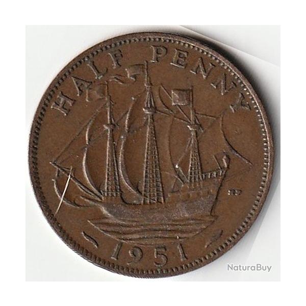 Pi�ce de Monnaie Angleterre 1/2 penny - George VI sans "IND:IMP." 1951