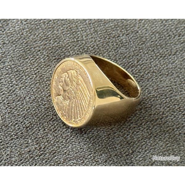 Chevali�re neuve en or massif 18 carats - pi�ce 5 dollars (22 carats) - bague homme - Indien - Sioux