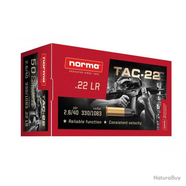 MUNITIONS NORMA 22LR 40GR TAC-22 LRN PLOMB X50