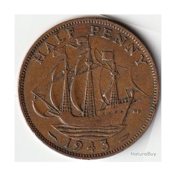Pi�ce de Monnaie Angleterre 1/2 penny - George VI Avec "IND:IMP." 1943