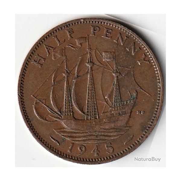Pi�ce de Monnaie Angleterre 1/2 penny - George VI Avec "IND:IMP." 1945
