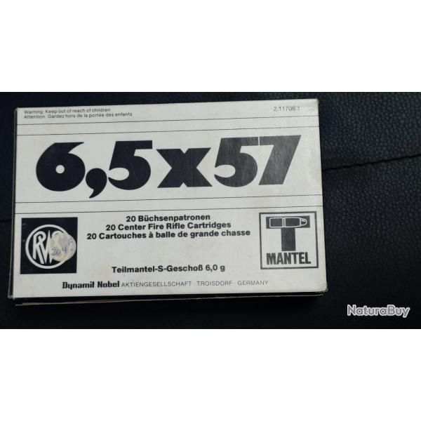 6,5X57 BOITE DE 20 CARTOUCHES RWS T MANTEL SOFT POINT 6G / 93 GRAINS CALIBRE 6,5 X 57 Categorie C Ne