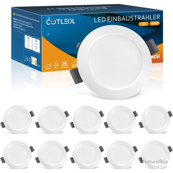 Lot de x10 Spots LED Encastrables, 5W Spots de Plafond Blanc Neutre 4000K, 450LM IP44 Spot Salle de