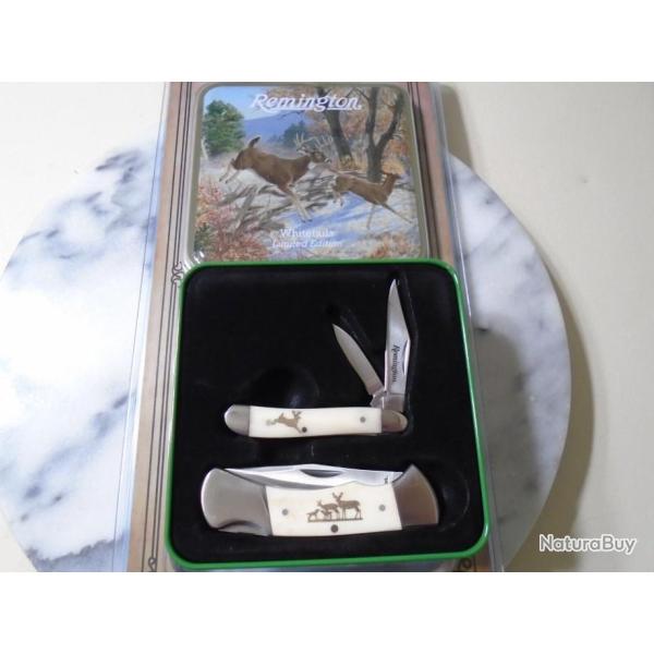 Set de Couteaux Pliants Remington White Tails Lames Acier Inoxydable Manches Os Blanc Boite M�tal