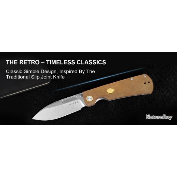 Couteau Kizer Retro Lame Acier Nitro-V Manche Micarta Marron et Laiton KIVT Linerlock Clip KIV4726A1