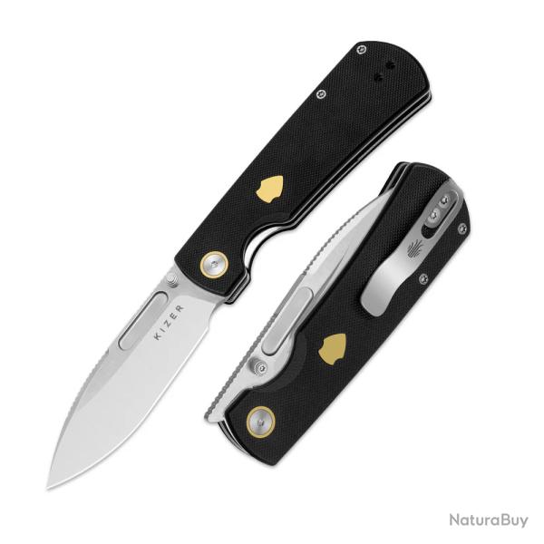 Couteau Kizer Retro Lame Acier Nitro-V Manche G10 Black et Laiton KIVT Linerlock Clip KIV4726A2