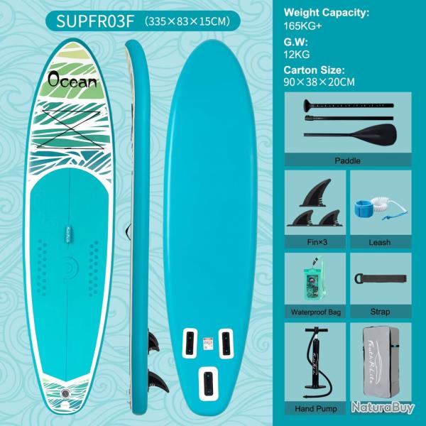 PLANCHE DE PADDLE GONGLAFBLE LONGBOARD 11.6'' AVEC ACCESSOIRES MOTIF OCEAN BLEUE