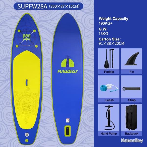 PLANCHE DE PADDLE GONGLAFBLE LONGBOARD 11.6'' AVEC ACCESSOIRES OCEAN BLEUE ET JAUNE
