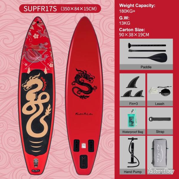 PLANCHE DE PADDLE GONGLAFBLE LONGBOARD 11.6'' AVEC ACCESSOIRES OCEAN MOTIF DRAGON ROUGE