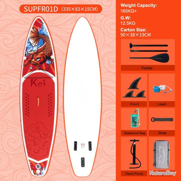 PLANCHE DE PADDLE GONGLAFBLE LONGBOARD 11.6'' AVEC ACCESSOIRES OCEAN MOTIF CARPE KOI ROUGE