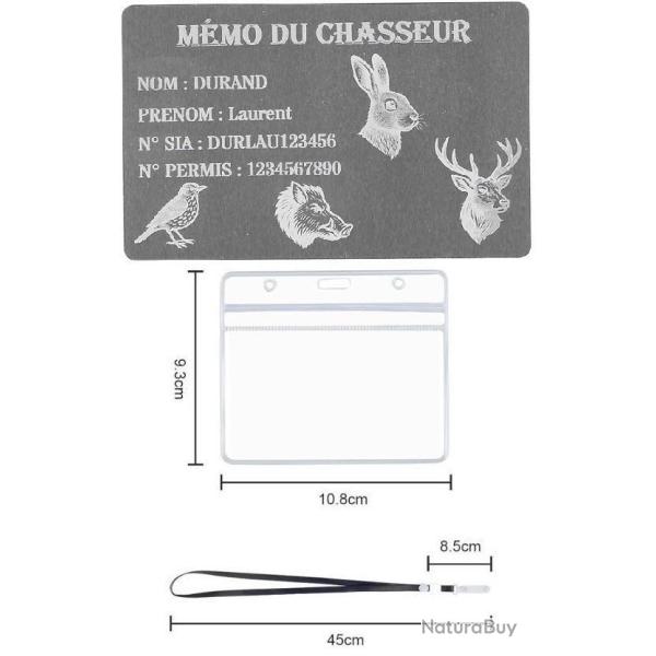 Promo ! M�mo Chasseur Argent� en aluminium grav� au laser (Recto) + Porte badge tour de cou