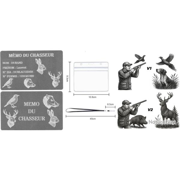 Promo ! M�mo Chasseur Argent� en aluminium grav� au laser (Recto / Verso) + Porte badge tour de cou
