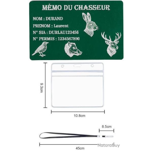 Promo ! M�mo Chasseur vert en aluminium grav� au laser (Recto) + Porte badge tour de cou
