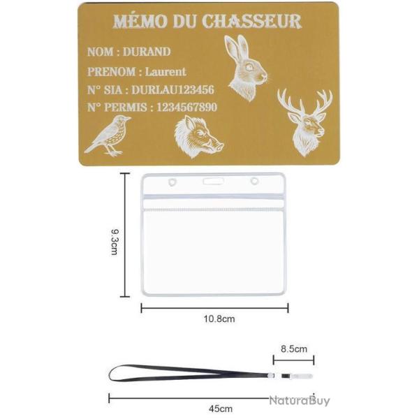 Promo ! M�mo Chasseur dor� en aluminium grav� au laser (Recto) + Porte badge tour de cou