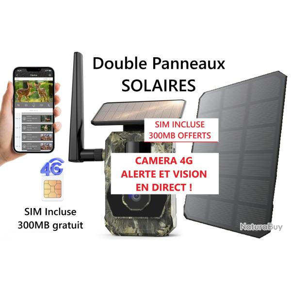 CAMERA 4G Alerte et vido en TEMPS REEL, 2 PANNEAUX SOLAIRES, SIM incluse 300MB gratos