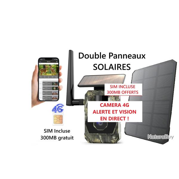 CAMERA 4G Alerte et vido en TEMPS REEL, 2X PANNEAUX SOLAIRES, SIM incluse 300MB Gratuit