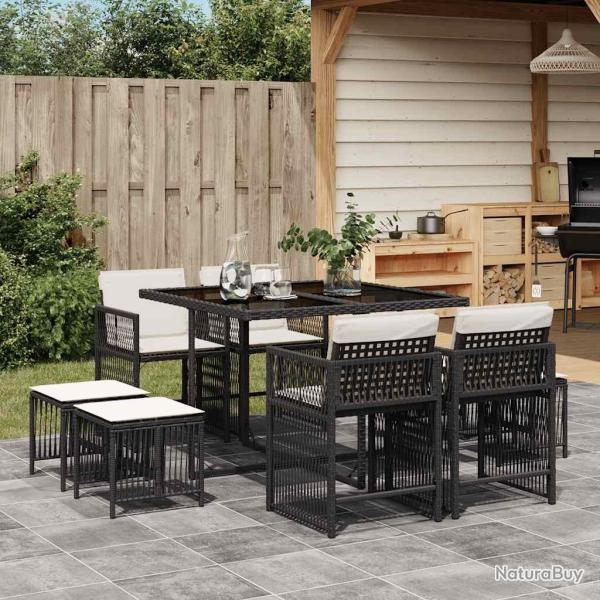Ensemble � manger de jardin 9pcs coussins noir r�sine tress�e