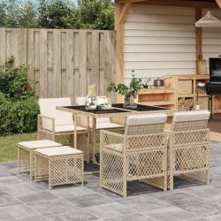 Ensemble &agrave; manger de jardin et coussins 9 pcs beige Poly rotin