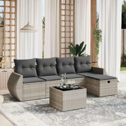 Salon de jardin 6 pcs avec coussins gris clair r&eacute;sine tress&eacute;e