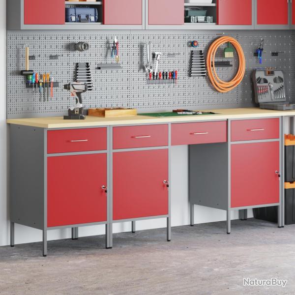 Ensemble de bureau et table en 4 pi�cesen bois composite et acier rouge
