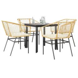 Ensemble &agrave; manger jardin coussins 5pcs marron poly rotin verre