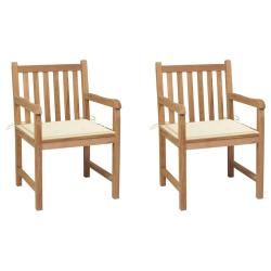 Chaises de jardin lot de 2 et coussins cr&egrave;me Bois teck massif
