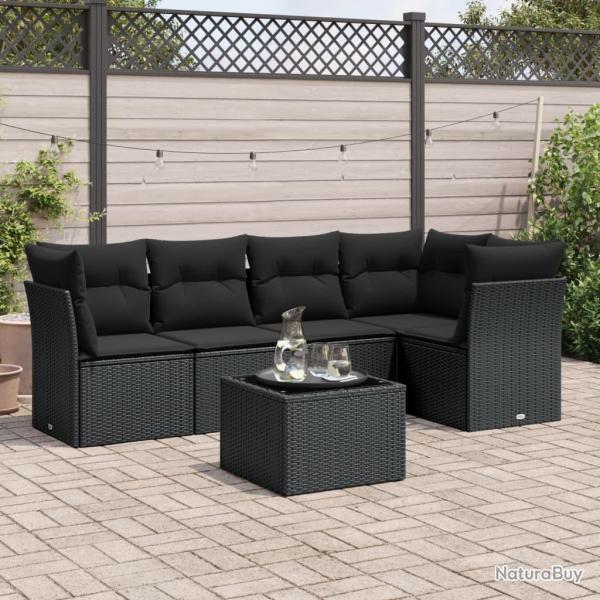 Salon de jardin 6 pcs avec coussins noir r�sine tress�e