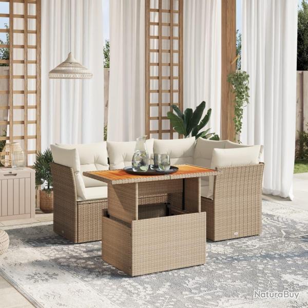 Salon de jardin avec coussins 5 pcs beige r�sine tress�e