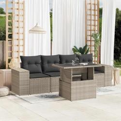 Salon de jardin 5 pcs avec coussins gris clair r&eacute;sine tress&eacute;e