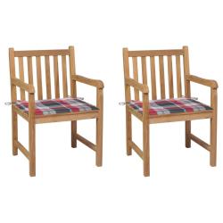 Chaises de jardin lot de 2 avec coussins &agrave; carreaux rouges Teck