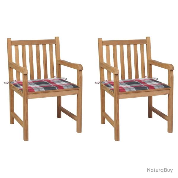 Chaises de jardin lot de 2 avec coussins � carreaux rouges Teck