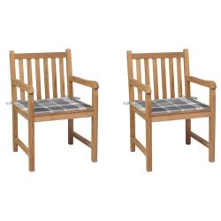 Chaises de jardin lot de 2 avec coussins &agrave; carreaux gris Teck