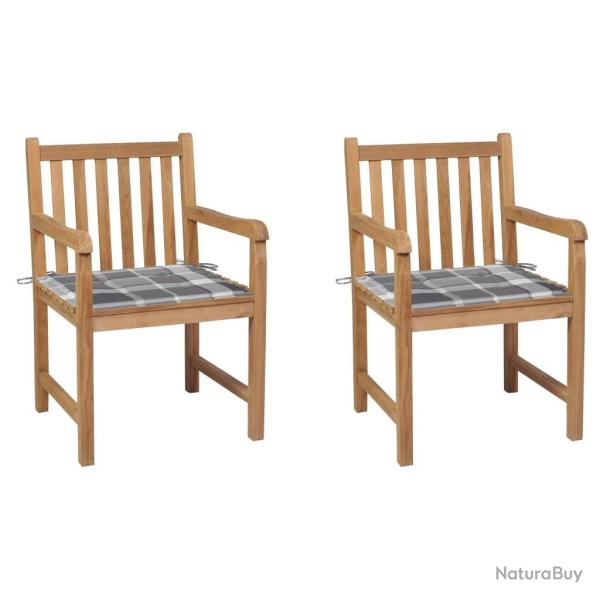 Chaises de jardin lot de 2 avec coussins � carreaux gris Teck