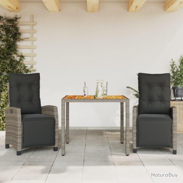Ensemble � manger de jardin 3 pcs coussins gris r�sine tress�e