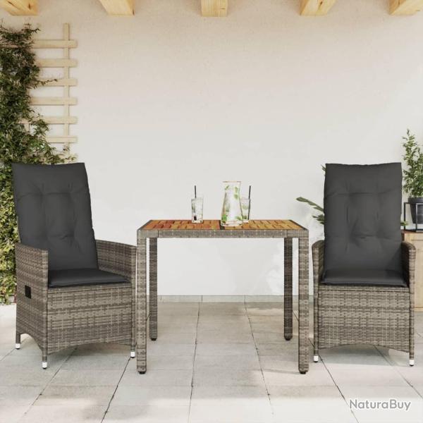 Ensemble de bistro 3 pcs avec coussins gris r�sine tress�e