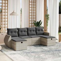 Salon de jardin 6 pcs avec coussins gris clair r&eacute;sine tress&eacute;e