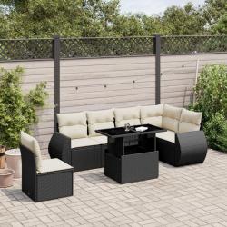 Salon de jardin 7 pcs avec coussins noir r&eacute;sine tress&eacute;e