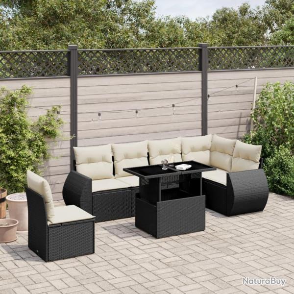 Salon de jardin 7 pcs avec coussins noir r�sine tress�e