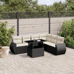 Salon de jardin 7 pcs avec coussins noir r&eacute;sine tress&eacute;e