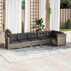 Salon de jardin 6 pcs avec coussins gris r&eacute;sine tress&eacute;e