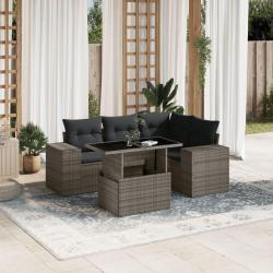 Salon de jardin 5 pcs avec coussins gris r&eacute;sine tress&eacute;e
