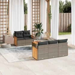 Salon de jardin 6 pcs avec coussins gris r&eacute;sine tress&eacute;e