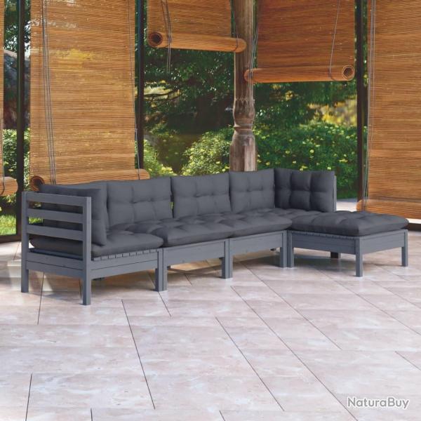 Salon de jardin 5 pcs avec coussins Gris Bois de pin