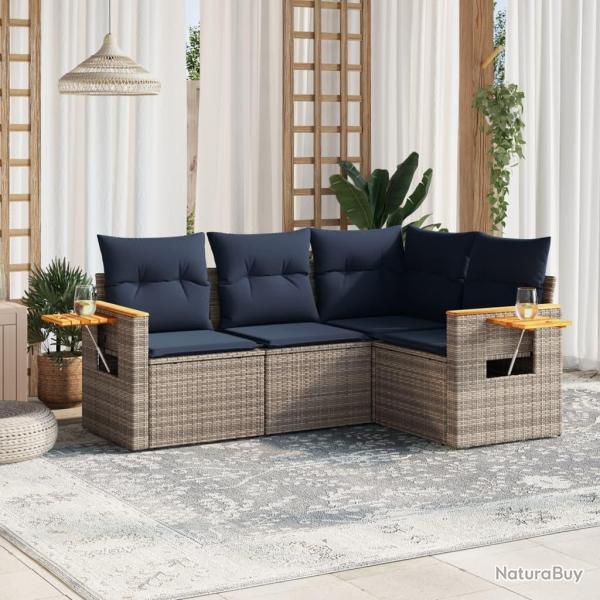 Salon de jardin 4 pcs avec coussins gris r�sine tress�e