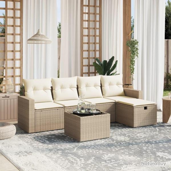 Salon de jardin avec coussins 6 pcs beige r�sine tress�e
