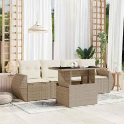 Salon de jardin avec coussins 5 pcs beige r&eacute;sine tress&eacute;e