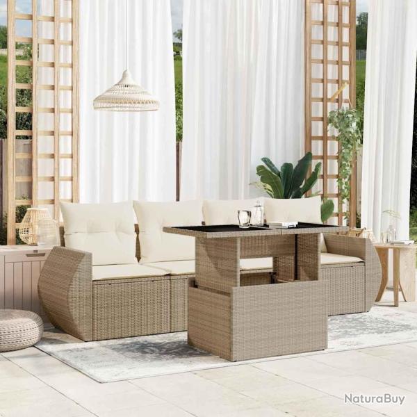 Salon de jardin avec coussins 5 pcs beige r�sine tress�e