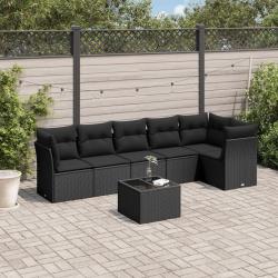Salon de jardin 7 pcs avec coussins noir r&eacute;sine tress&eacute;e