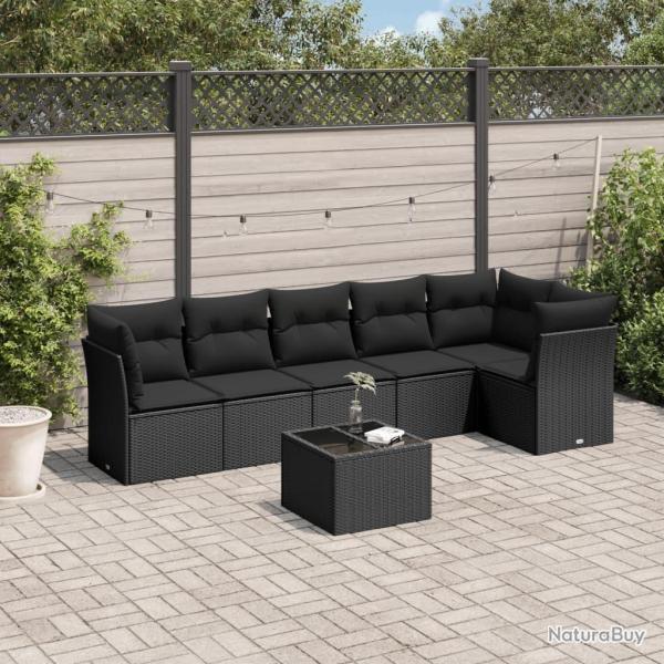 Salon de jardin 7 pcs avec coussins noir r�sine tress�e